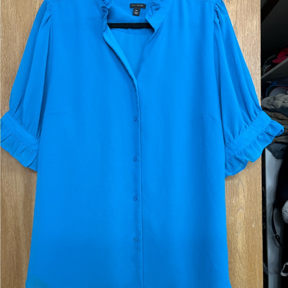 Ann Taylor Vibrant Blue Blouse with Ruffle Sleeves